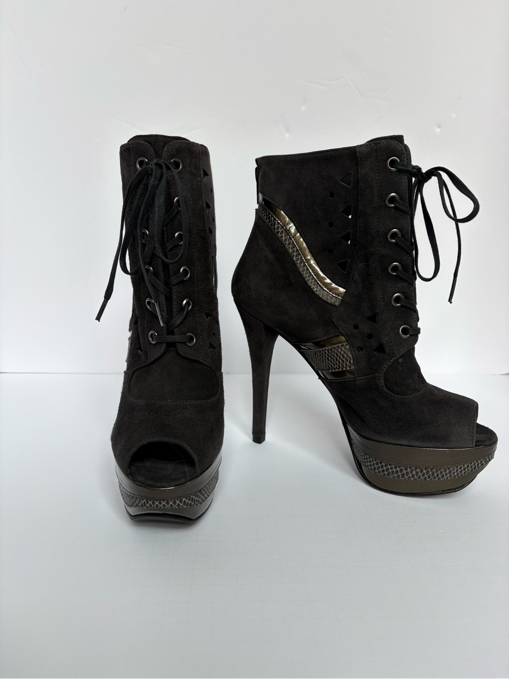 Stuart Weitzman Suede Peep-Toe Lace-Up Platform Booties -  Grey - Size 6